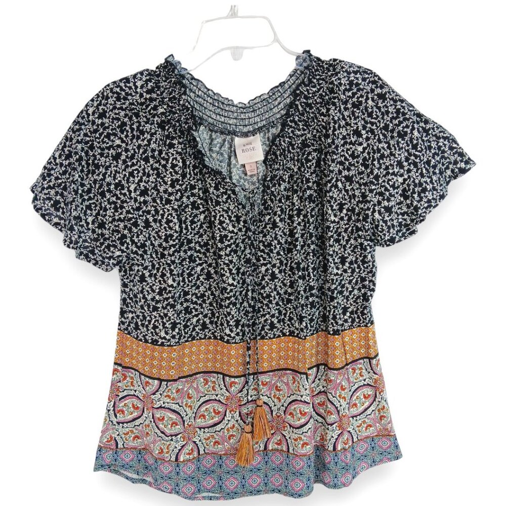 Knox Rose Women's Boho Top with Tassels-Short Sleeve-SMALL-Black-White-Gold-Blue